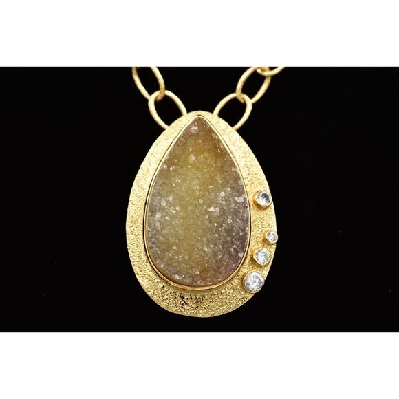 Melinda Maria Druzy Crystal Pendant Necklace Brushed Gold Chain Signed BinBC - Picture 1 of 12